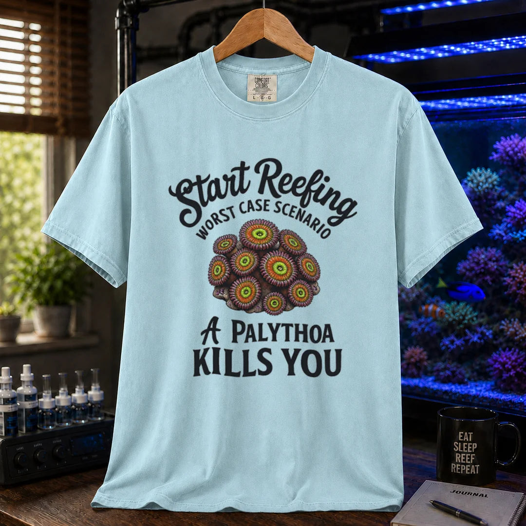 Saltwater aquarium graphic t-shirt featuring a palythoa coral polyp illustration with text: Start Reefing WORST CASE SCENARIO A PALYTHOA KILLS YOU, light blue crew neck tee