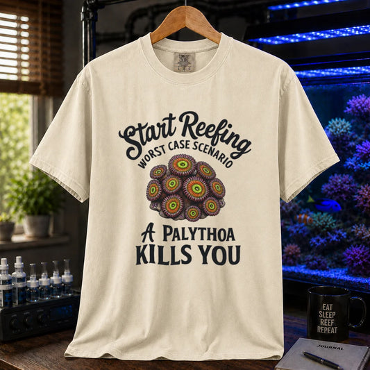 Saltwater aquarium graphic t-shirt featuring a palythoa coral polyp illustration with text: Start Reefing WORST CASE SCENARIO A PALYTHOA KILLS YOU, cream, beige, ivory crew neck tee