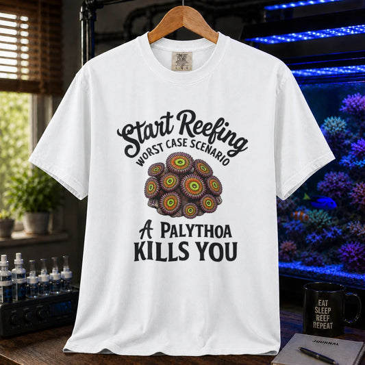 Saltwater aquarium graphic t-shirt featuring a palythoa coral polyp illustration with text: Start Reefing WORST CASE SCENARIO A PALYTHOA KILLS YOU, white crew neck tee