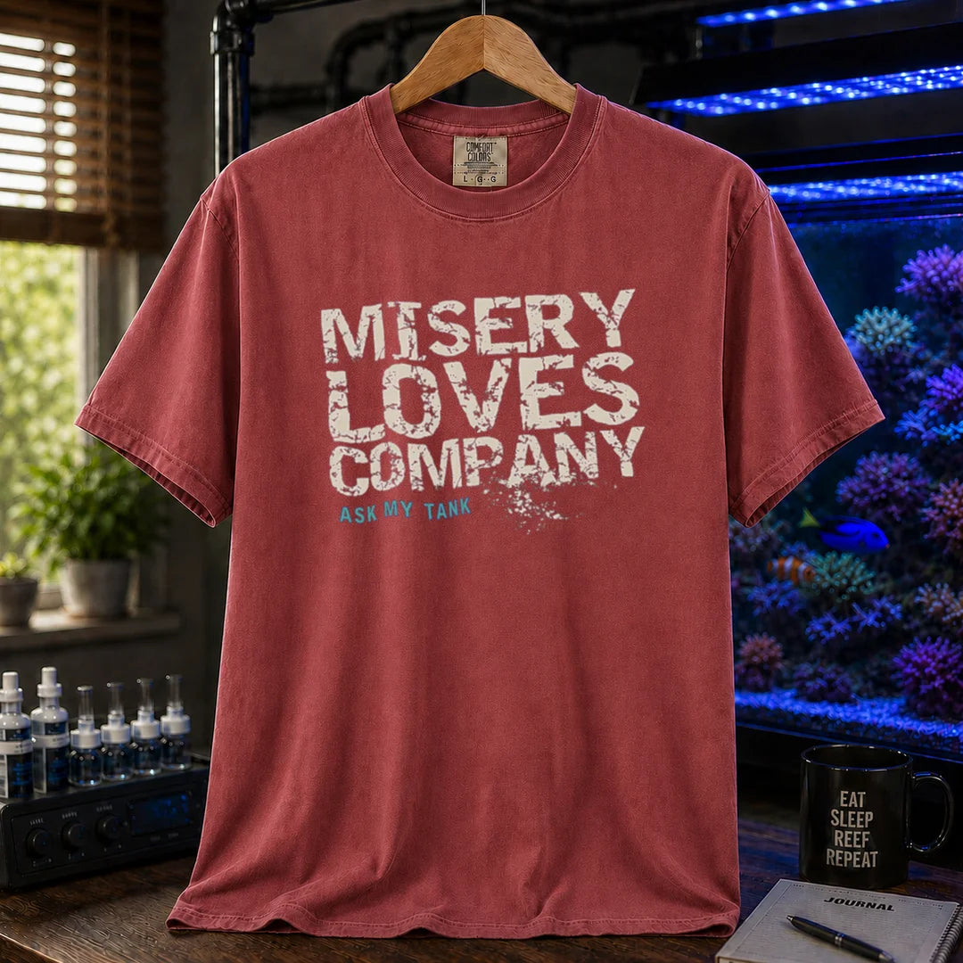 Saltwater aquarium graphic t-shirt featuring distressed block text: MISERY LOVES COMPANY ASK MY TANK, maroon, red crew neck tee