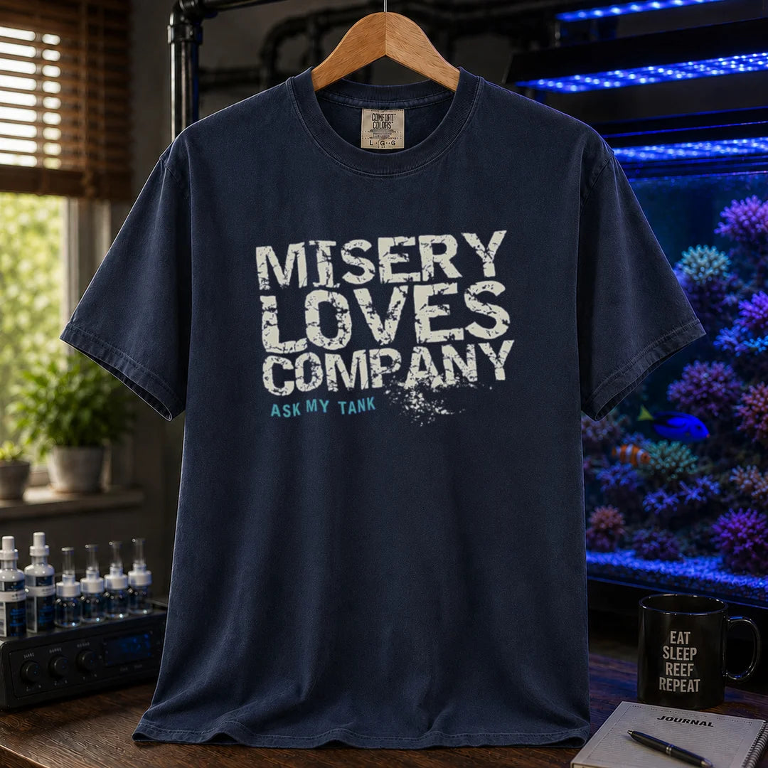 Saltwater aquarium graphic t-shirt featuring distressed block text: MISERY LOVES COMPANY ASK MY TANK, navy crew neck tee