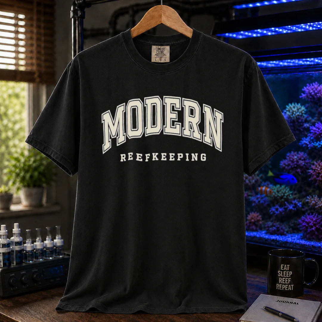 Saltwater aquarium graphic t-shirt featuring collegiate style arch text: MODERN REEFKEEPING, black crew neck tee
