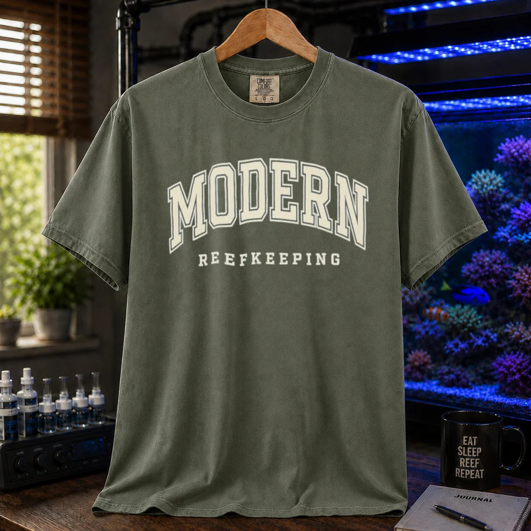 Saltwater aquarium graphic t-shirt featuring collegiate style arch text: MODERN REEFKEEPING, military green crew neck tee