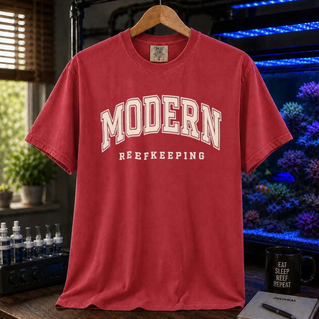 Saltwater aquarium graphic t-shirt featuring collegiate style arch text: MODERN REEFKEEPING, red crew neck tee