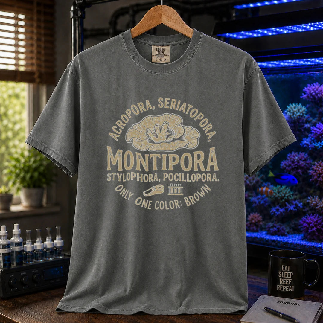 Saltwater aquarium graphic t-shirt featuring a circular coral badge design with text: ACROPORA, SERIATOPORA, MONTIPORA STYLOPHORA, POCILLOPORA. ONLY ONE COLOR: BROWN,dark grey crew neck tee
