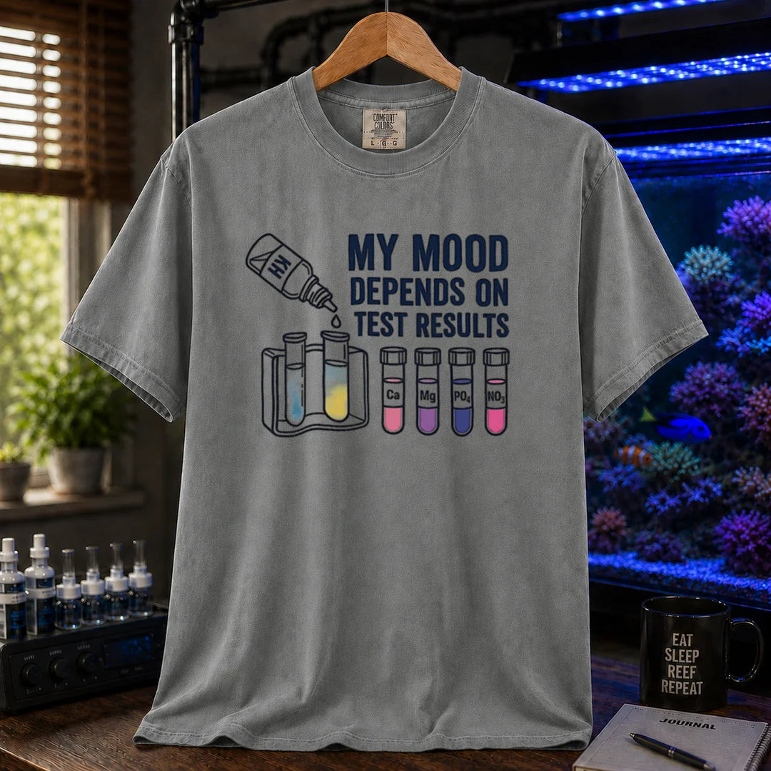 Saltwater aquarium graphic t-shirt featuring test kit and tube illustrations with text: MY MOOD DEPENDS ON TEST RESULTS, grey crew neck tee