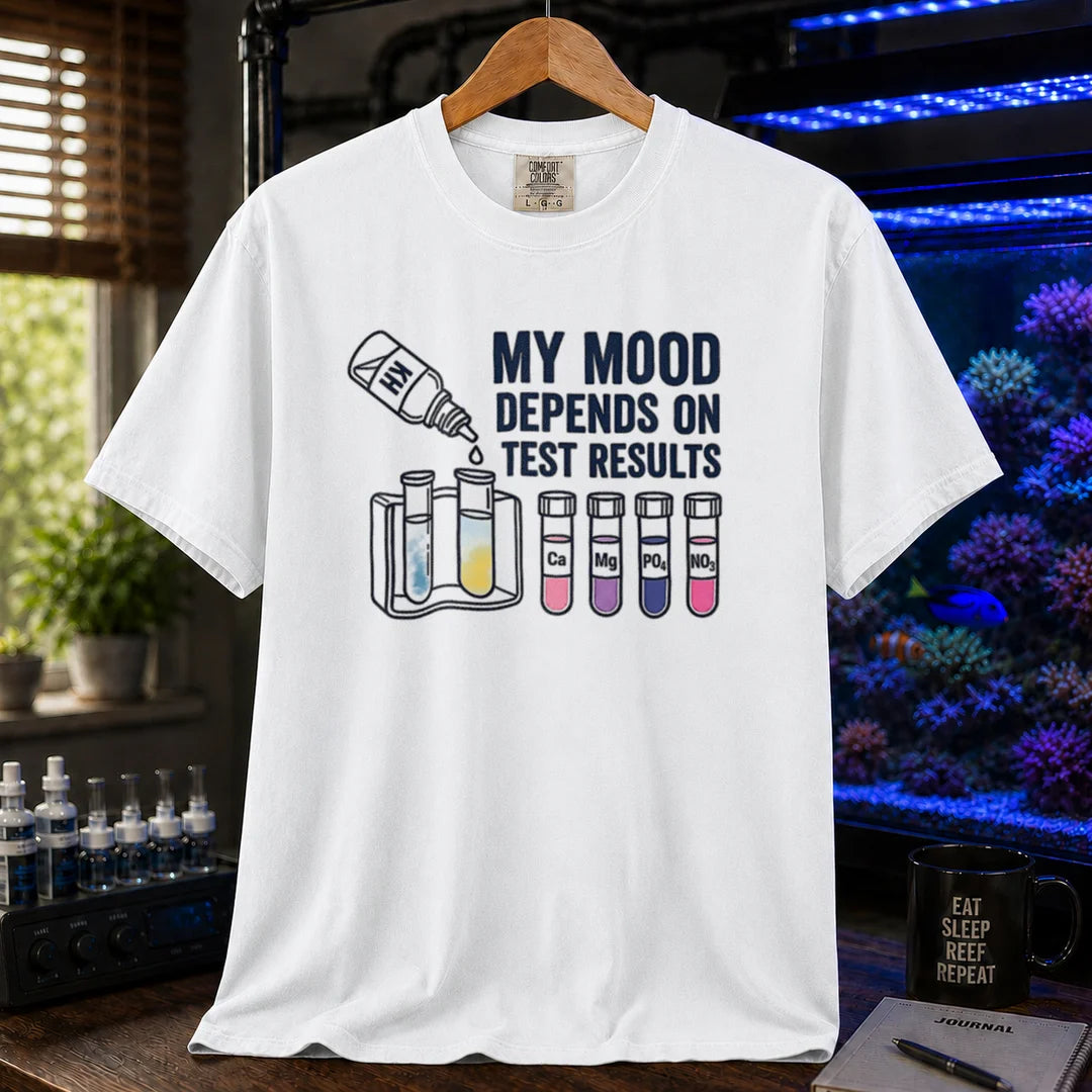 Saltwater aquarium graphic t-shirt featuring test kit and tube illustrations with text: MY MOOD DEPENDS ON TEST RESULTS, white crew neck tee