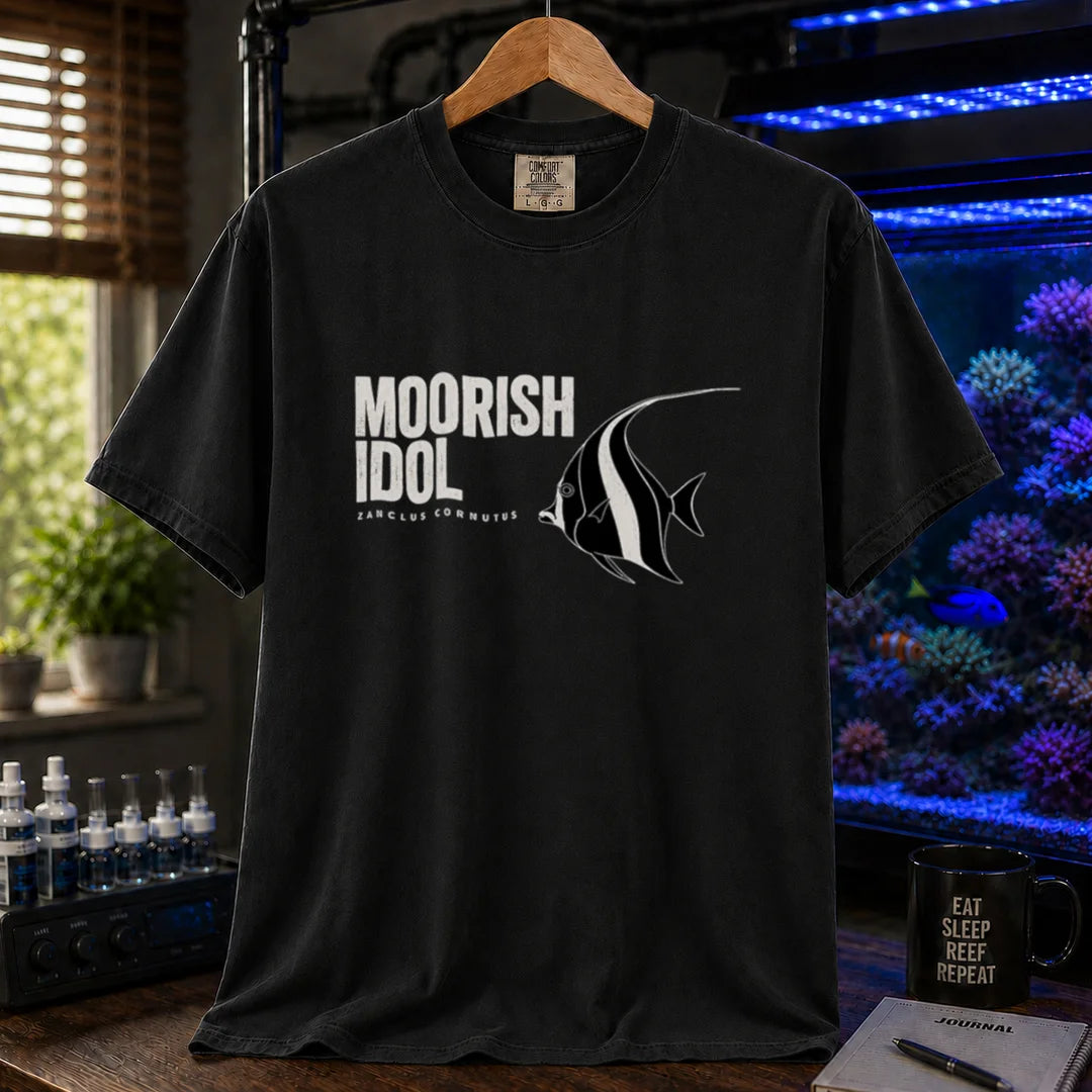 Saltwater aquarium graphic t-shirt featuring a Moorish Idol fish illustration and text: MOORISH IDOL ZANCLUS CORNUTUS, black crew neck tee