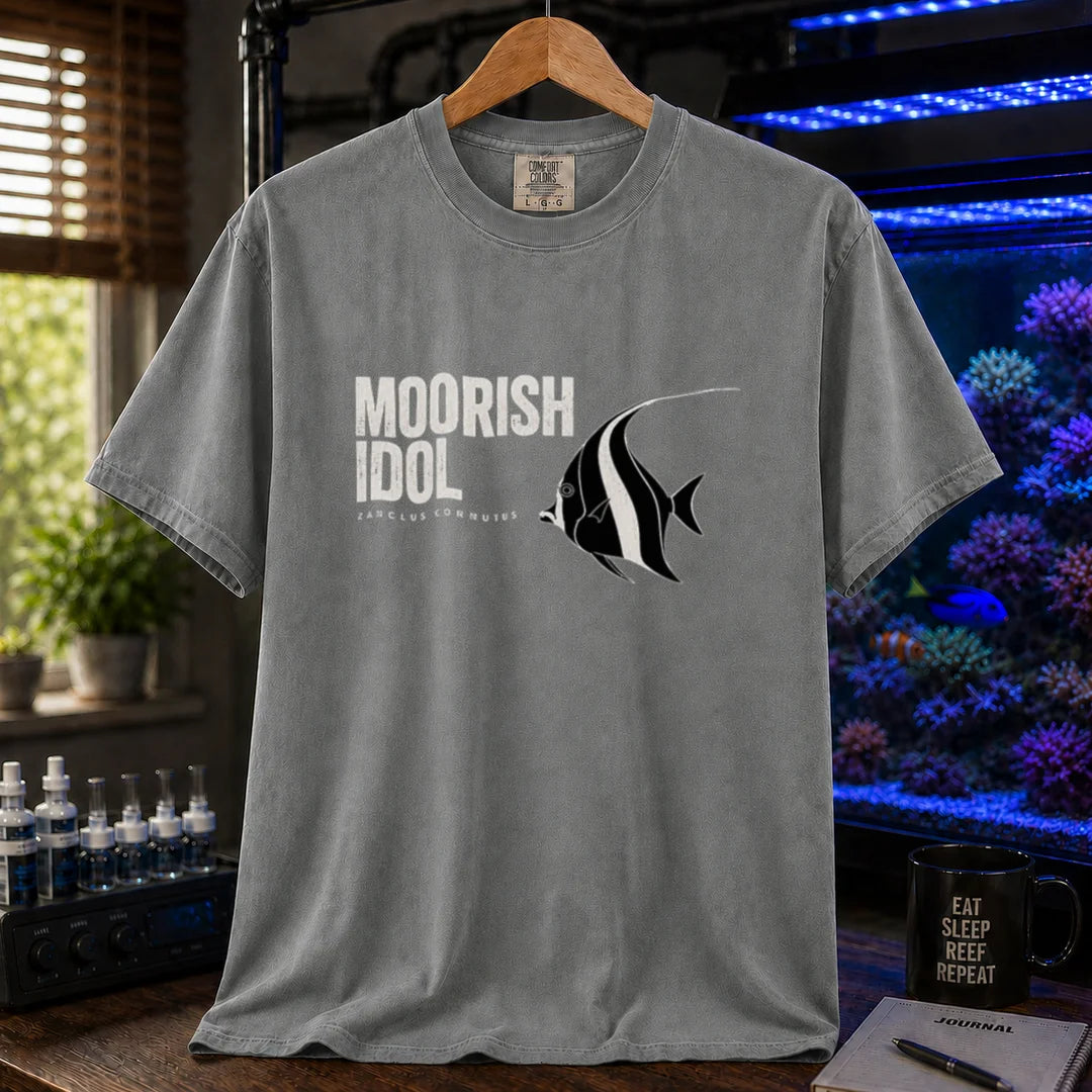 Saltwater aquarium graphic t-shirt featuring a Moorish Idol fish illustration and text: MOORISH IDOL ZANCLUS CORNUTUS, grey crew neck tee