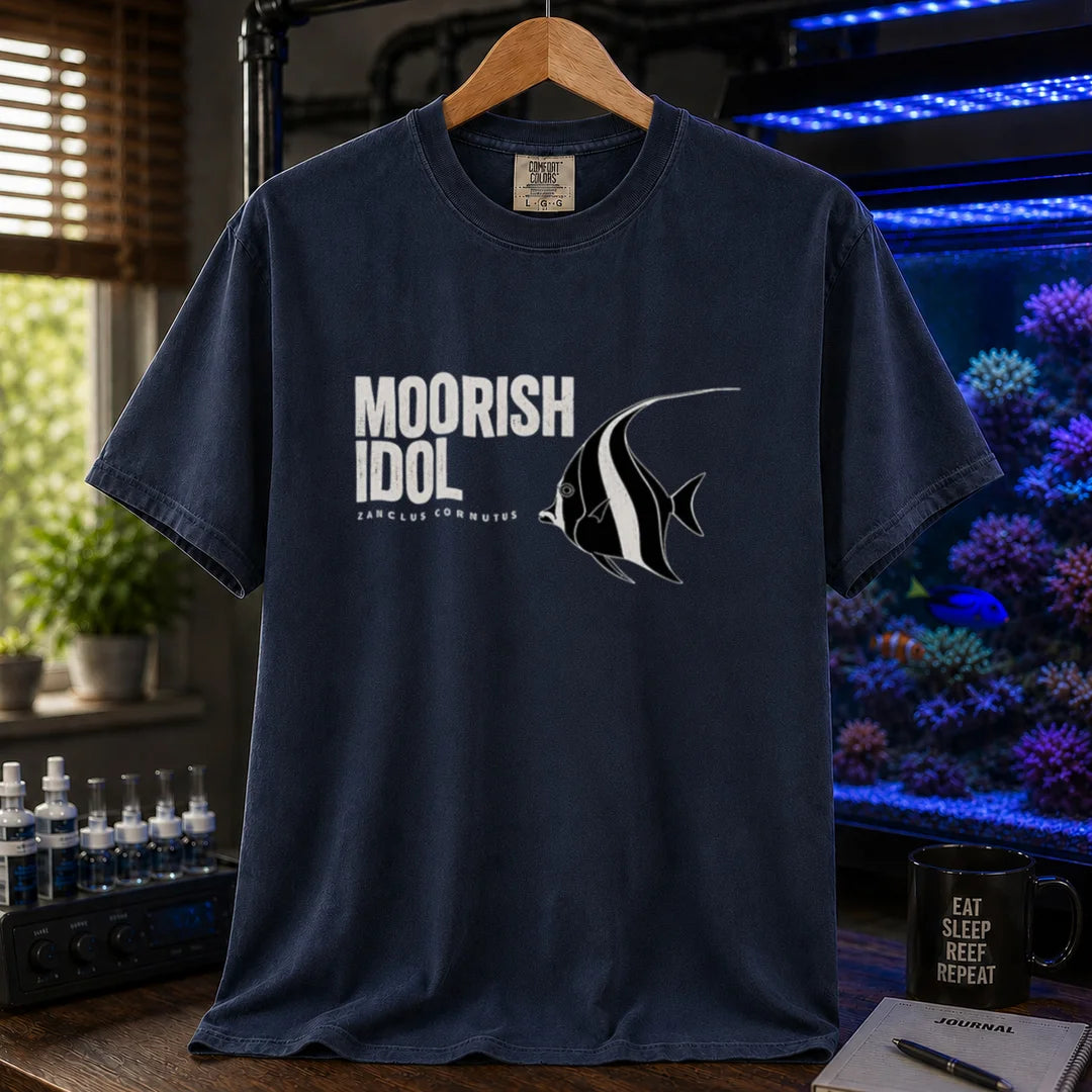 Saltwater aquarium graphic t-shirt featuring a Moorish Idol fish illustration and text: MOORISH IDOL ZANCLUS CORNUTUS, navy crew neck tee