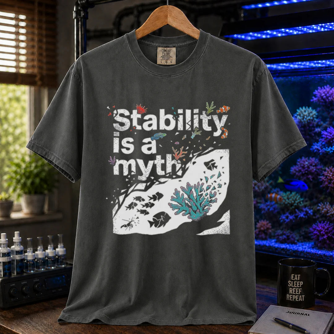 Saltwater aquarium graphic t-shirt featuring an abstract reef illustration and distressed text: Stability is a myth, dark grey crew neck tee