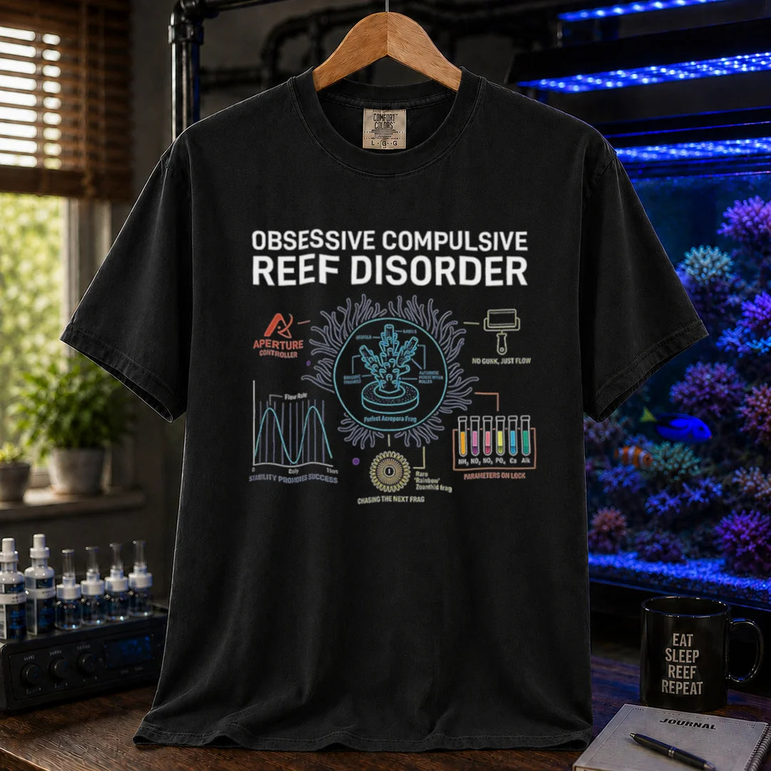 Saltwater aquarium graphic t-shirt featuring a technical blueprint diagram and text: OBSESSIVE COMPULSIVE REEF DISORDER, black crew neck tee