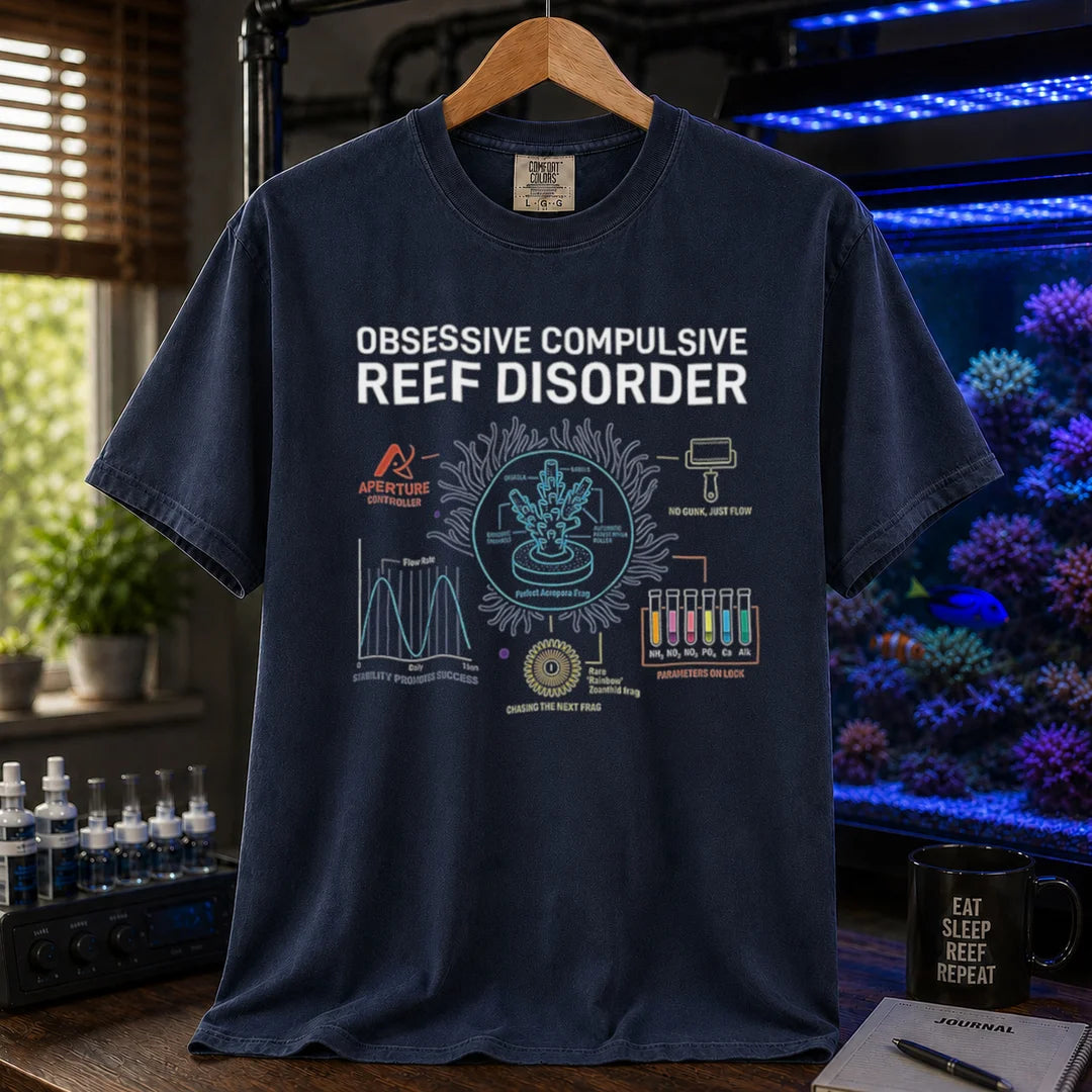 Saltwater aquarium graphic t-shirt featuring a technical blueprint diagram and text: OBSESSIVE COMPULSIVE REEF DISORDER, navy crew neck tee