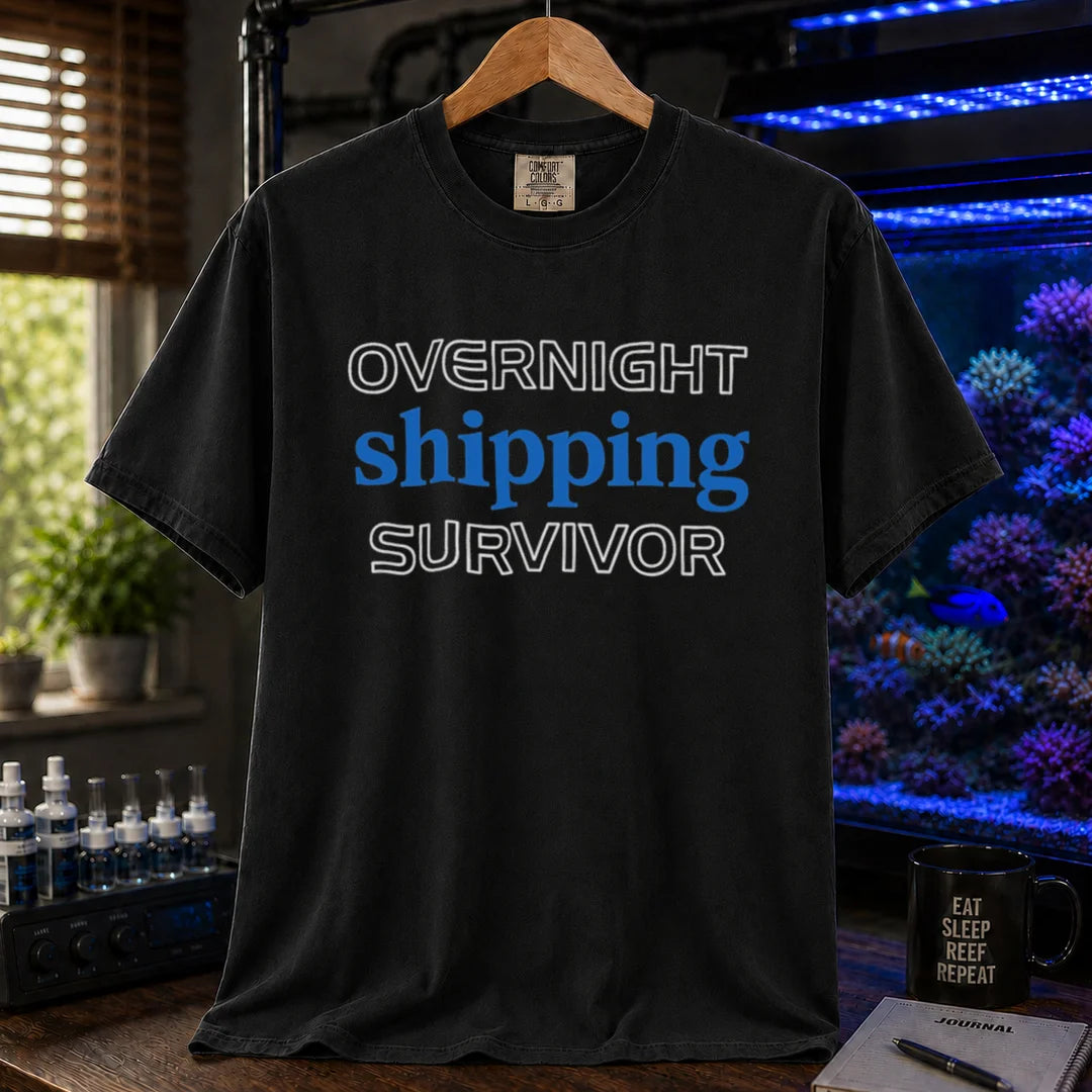 Saltwater aquarium graphic t-shirt featuring outline and solid text: OVERNIGHT shipping SURVIVOR, black crew neck tee