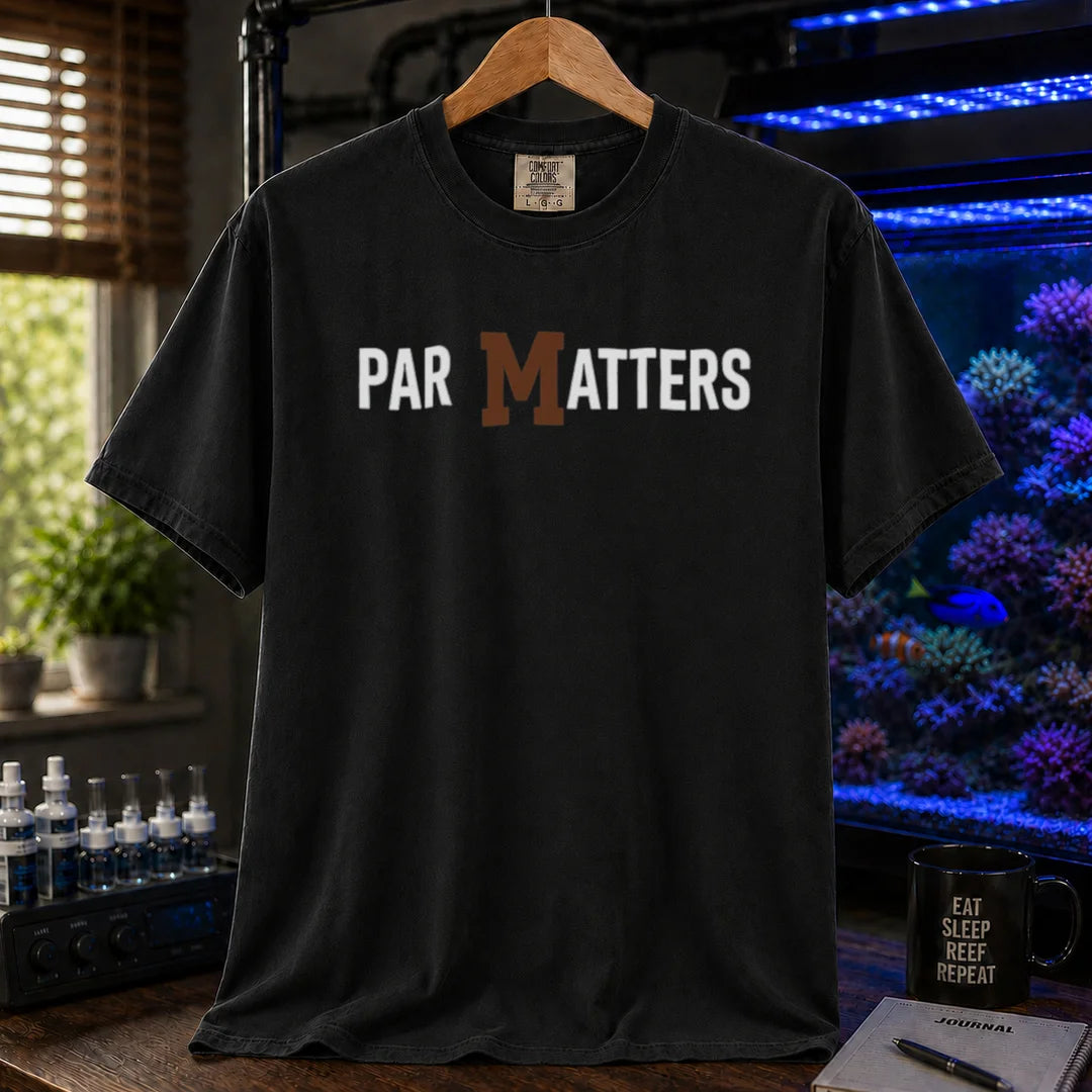 Saltwater aquarium graphic t-shirt featuring bold text reading PAR MATTERS with a brown M, black crew neck tee