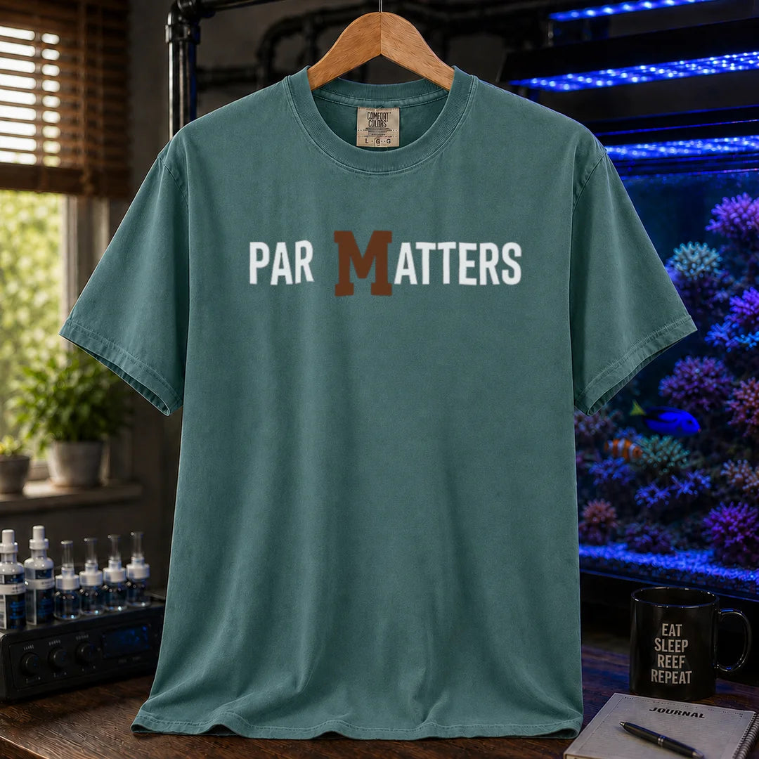 Saltwater aquarium graphic t-shirt featuring bold text reading PAR MATTERS with a brown M, green crew neck tee