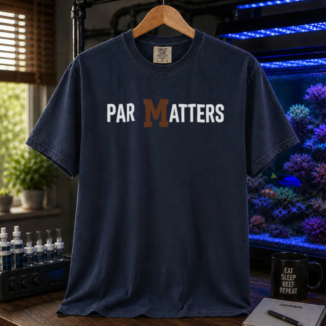 Saltwater aquarium graphic t-shirt featuring bold text reading PAR MATTERS with a brown M, navycrew neck tee