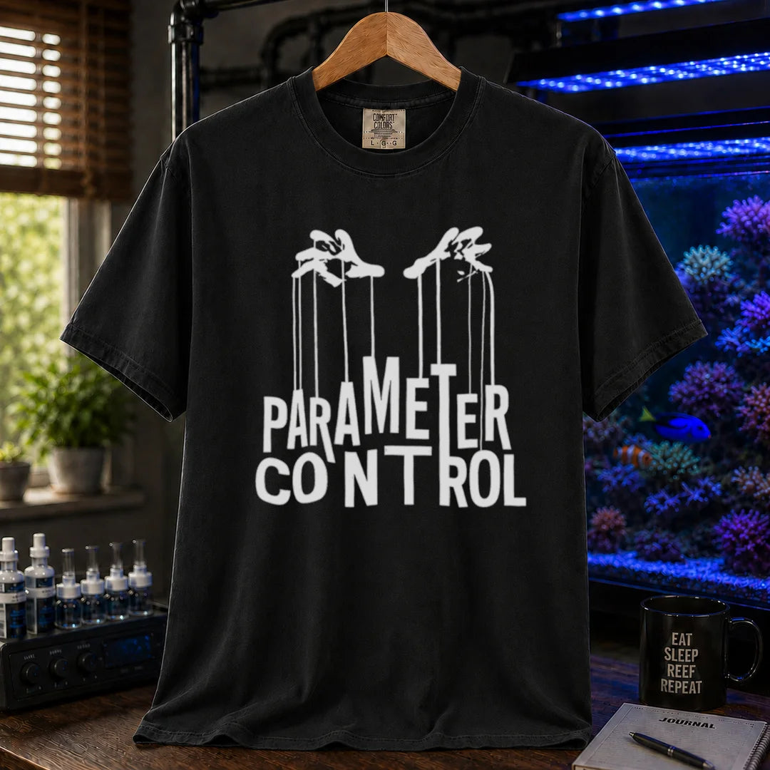 Saltwater aquarium graphic t-shirt featuring puppet hands pulling strings attached to text: PARAMETER CONTROL, black crew neck tee
