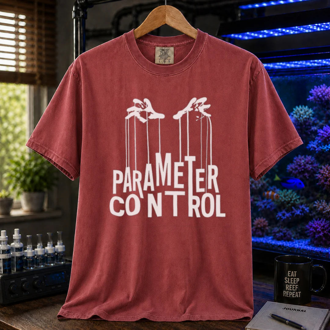 Saltwater aquarium graphic t-shirt featuring puppet hands pulling strings attached to text: PARAMETER CONTROL, maroon, red crew neck tee