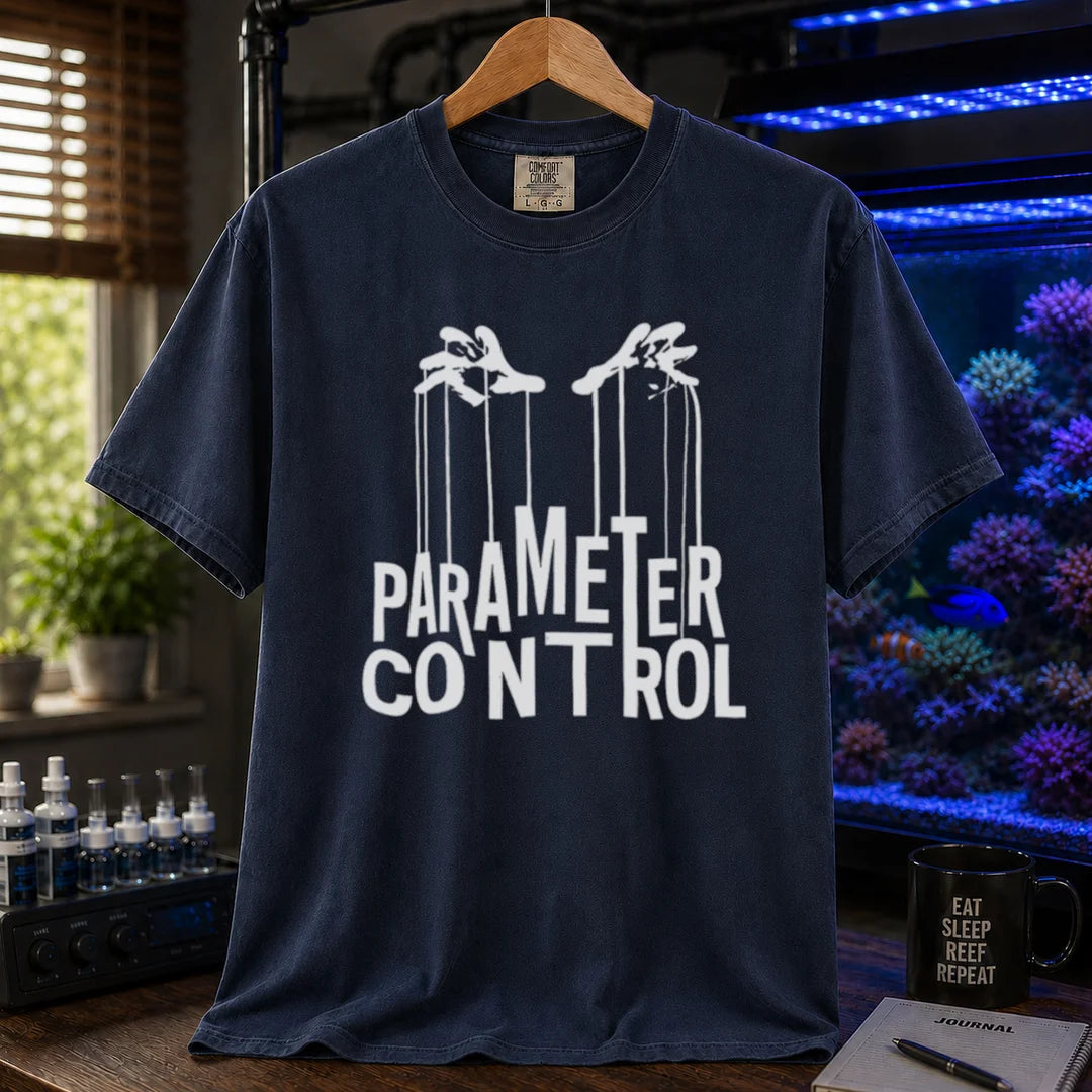 Saltwater aquarium graphic t-shirt featuring puppet hands pulling strings attached to text: PARAMETER CONTROL, navy crew neck tee