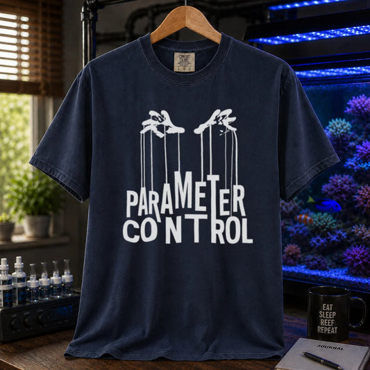 Saltwater aquarium graphic t-shirt featuring puppet hands pulling strings attached to text: PARAMETER CONTROL, navy crew neck tee