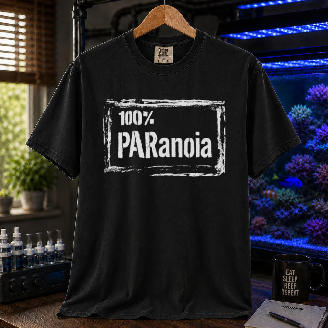 Saltwater aquarium graphic t-shirt featuring a distressed box frame and text: 100% PARANOIA, black crew neck tee