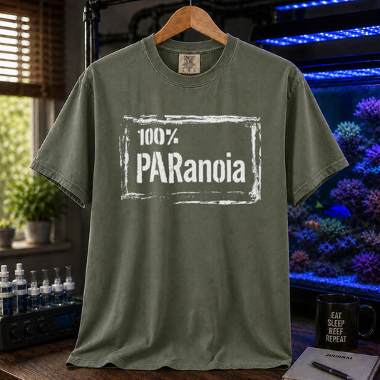 Saltwater aquarium graphic t-shirt featuring a distressed box frame and text: 100% PARANOIA, military green crew neck tee