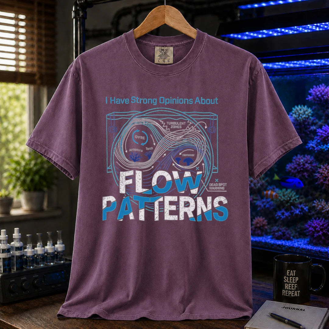Saltwater aquarium graphic t-shirt featuring an aquarium flow diagram and text: I Have Strong Opinions About FLOW PATTERNS, purple crew neck tee