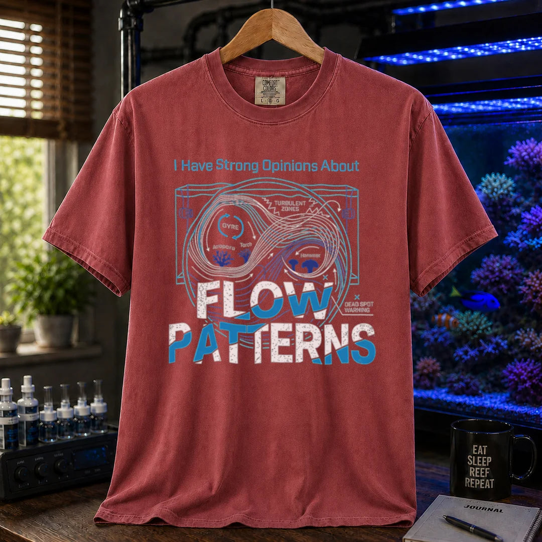 Saltwater aquarium graphic t-shirt featuring an aquarium flow diagram and text: I Have Strong Opinions About FLOW PATTERNS, maroon, red crew neck tee