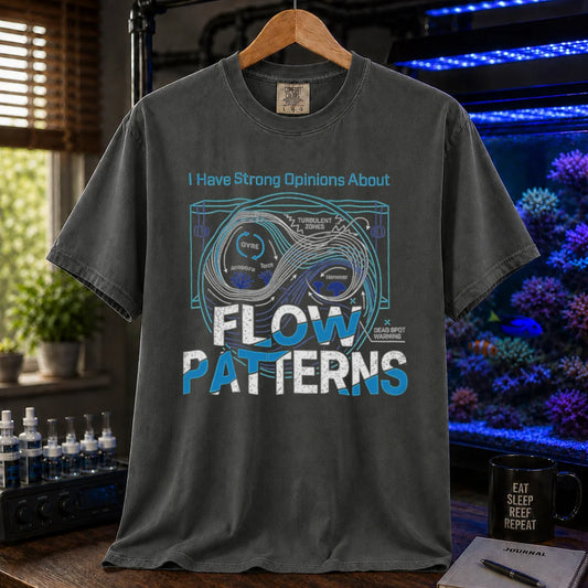 Saltwater aquarium graphic t-shirt featuring an aquarium flow diagram and text: I Have Strong Opinions About FLOW PATTERNS, dark grey crew neck tee