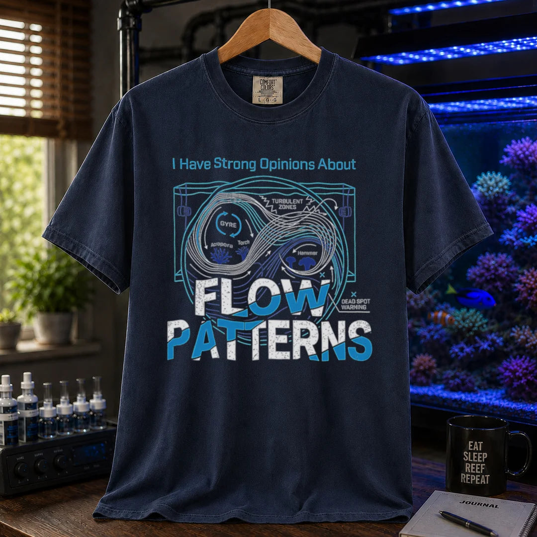 Saltwater aquarium graphic t-shirt featuring an aquarium flow diagram and text: I Have Strong Opinions About FLOW PATTERNS, navy crew neck tee