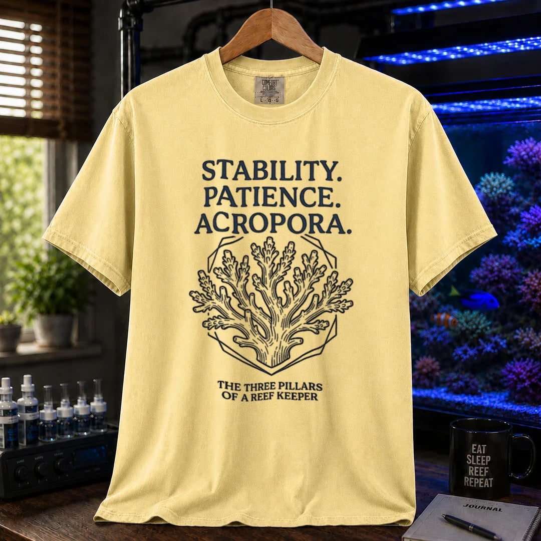 Saltwater aquarium graphic t-shirt featuring an Acropora coral illustration and text: STABILITY. PATIENCE. ACROPORA. THE THREE PILLARS OF A REEF KEEPER, yellow  crew neck tee