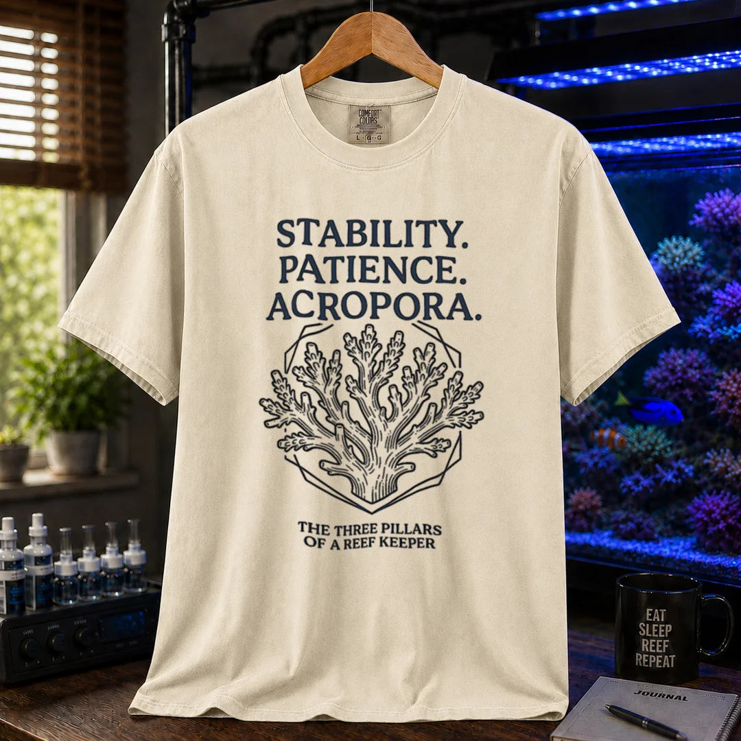 Saltwater aquarium graphic t-shirt featuring an Acropora coral illustration and text: STABILITY. PATIENCE. ACROPORA. THE THREE PILLARS OF A REEF KEEPER,cream, beige, ivory crew neck tee