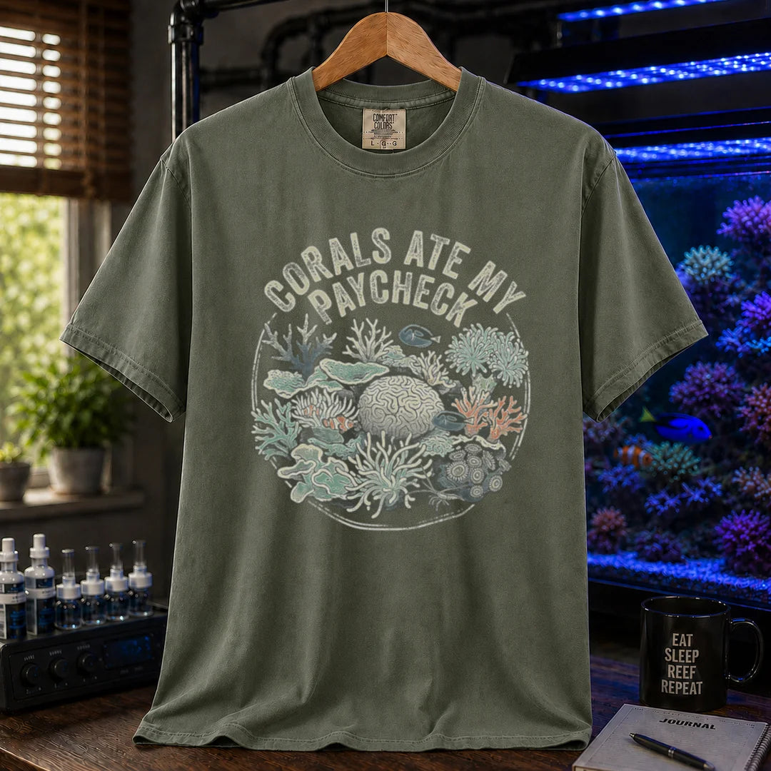 Saltwater aquarium graphic t-shirt featuring a circular coral reef illustration and text: CORALS ATE MY PAYCHECK, military green crew neck tee