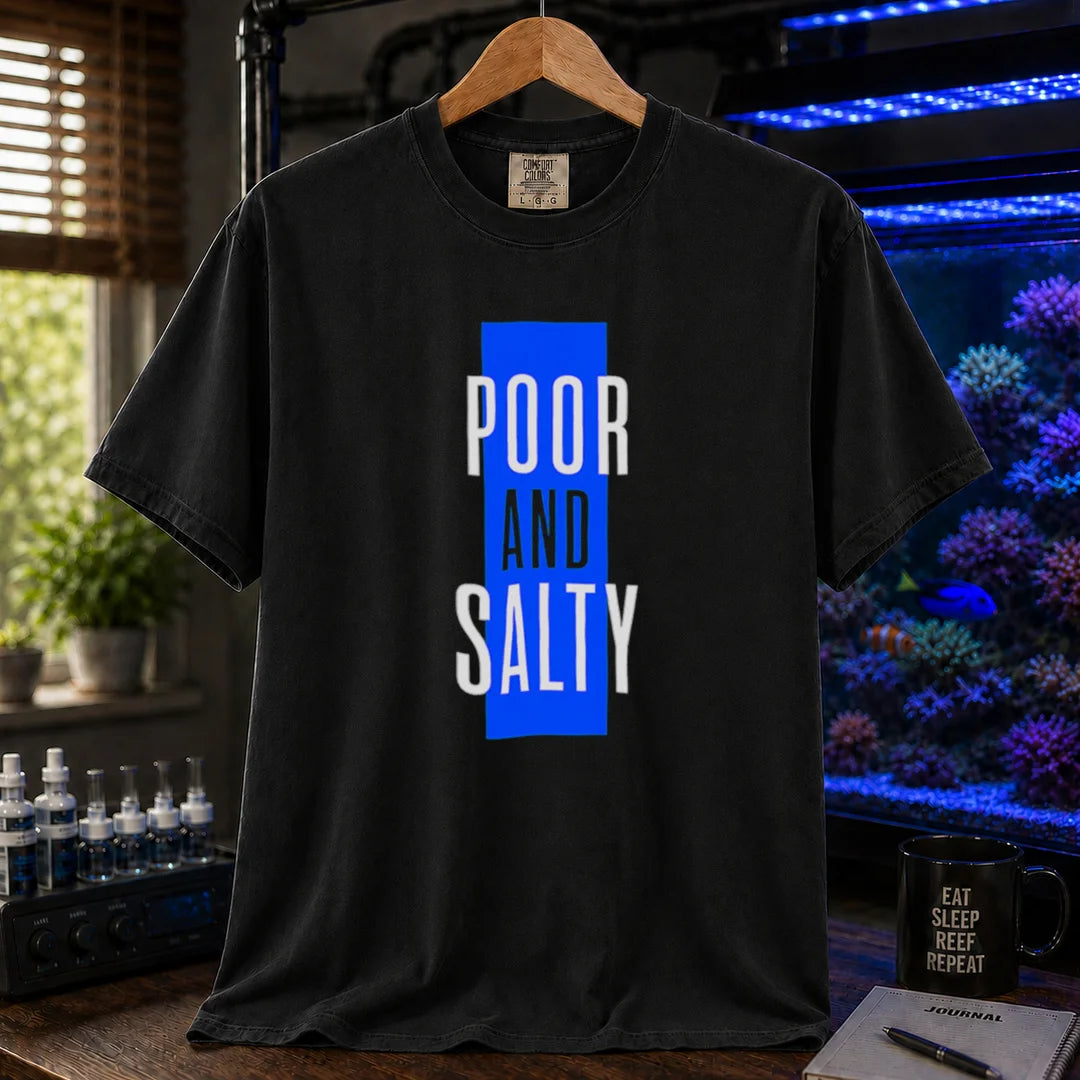 Saltwater aquarium graphic t-shirt featuring a vertical blue block and text: POOR AND SALTY, black crew neck tee
