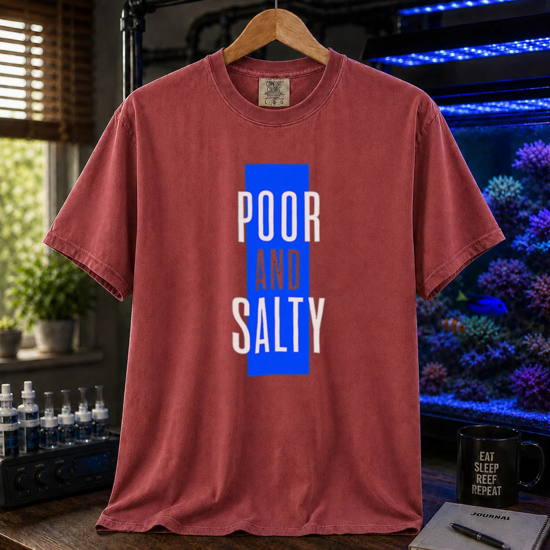 Saltwater aquarium graphic t-shirt featuring a vertical blue block and text: POOR AND SALTY, maroon, red crew neck tee