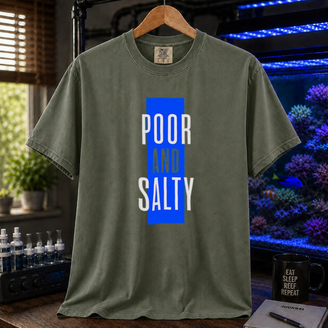 Saltwater aquarium graphic t-shirt featuring a vertical blue block and text: POOR AND SALTY, military green crew neck tee