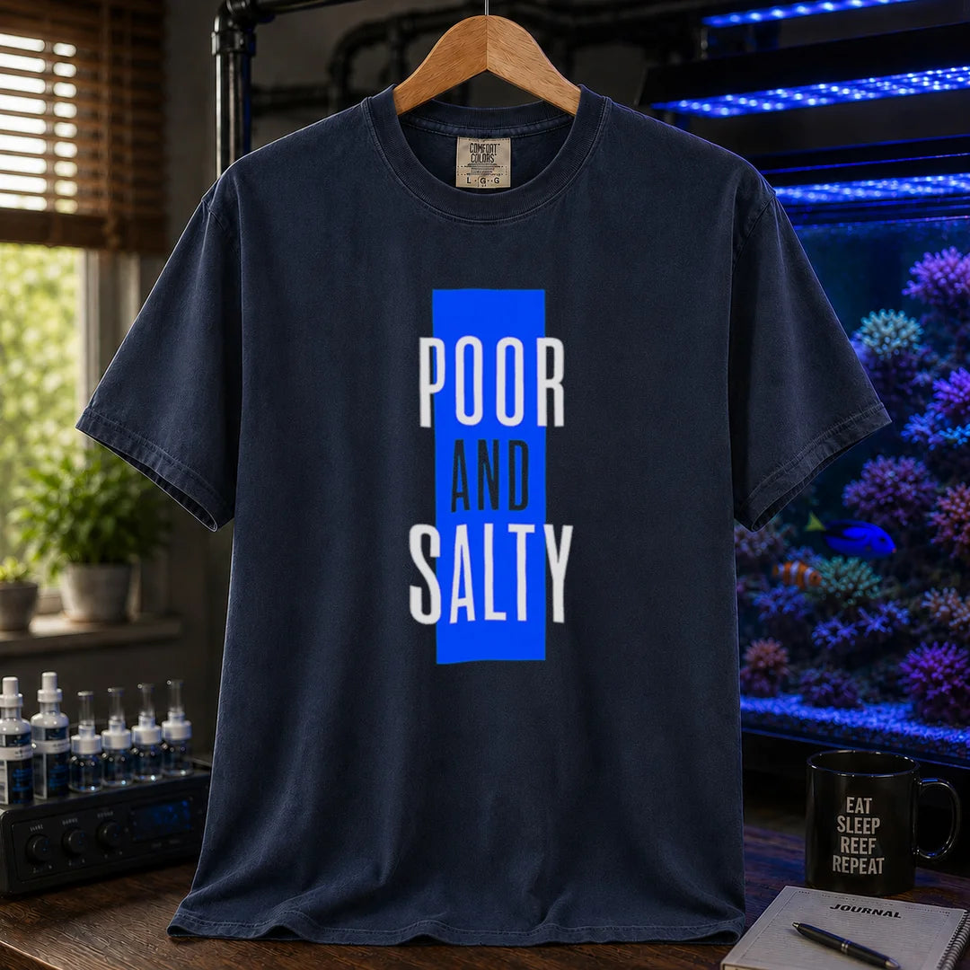 Saltwater aquarium graphic t-shirt featuring a vertical blue block and text: POOR AND SALTY, navy crew neck tee