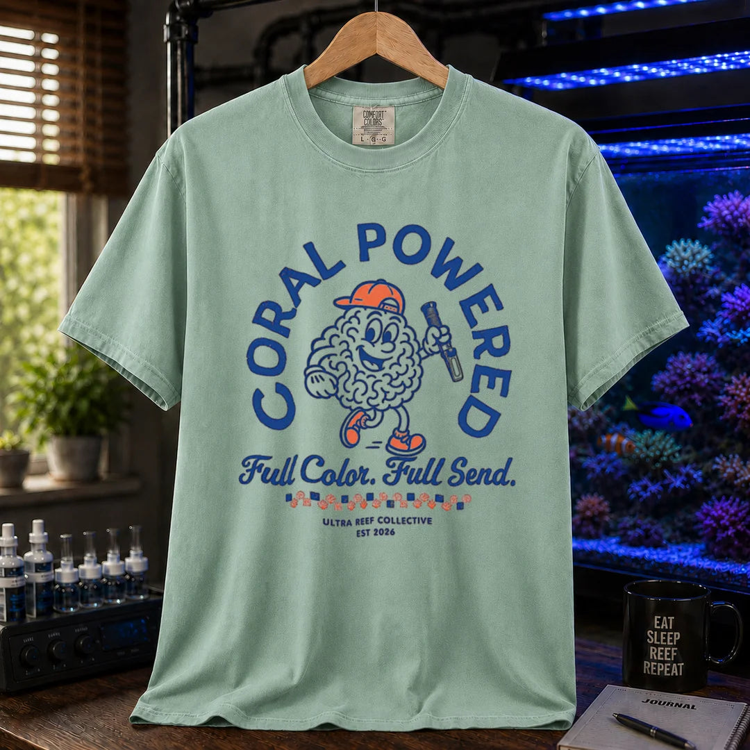Saltwater aquarium graphic t-shirt featuring a retro cartoon brain coral mascot holding a flashlight with text: CORAL POWERED Full Color. Full Send., green crew neck tee
