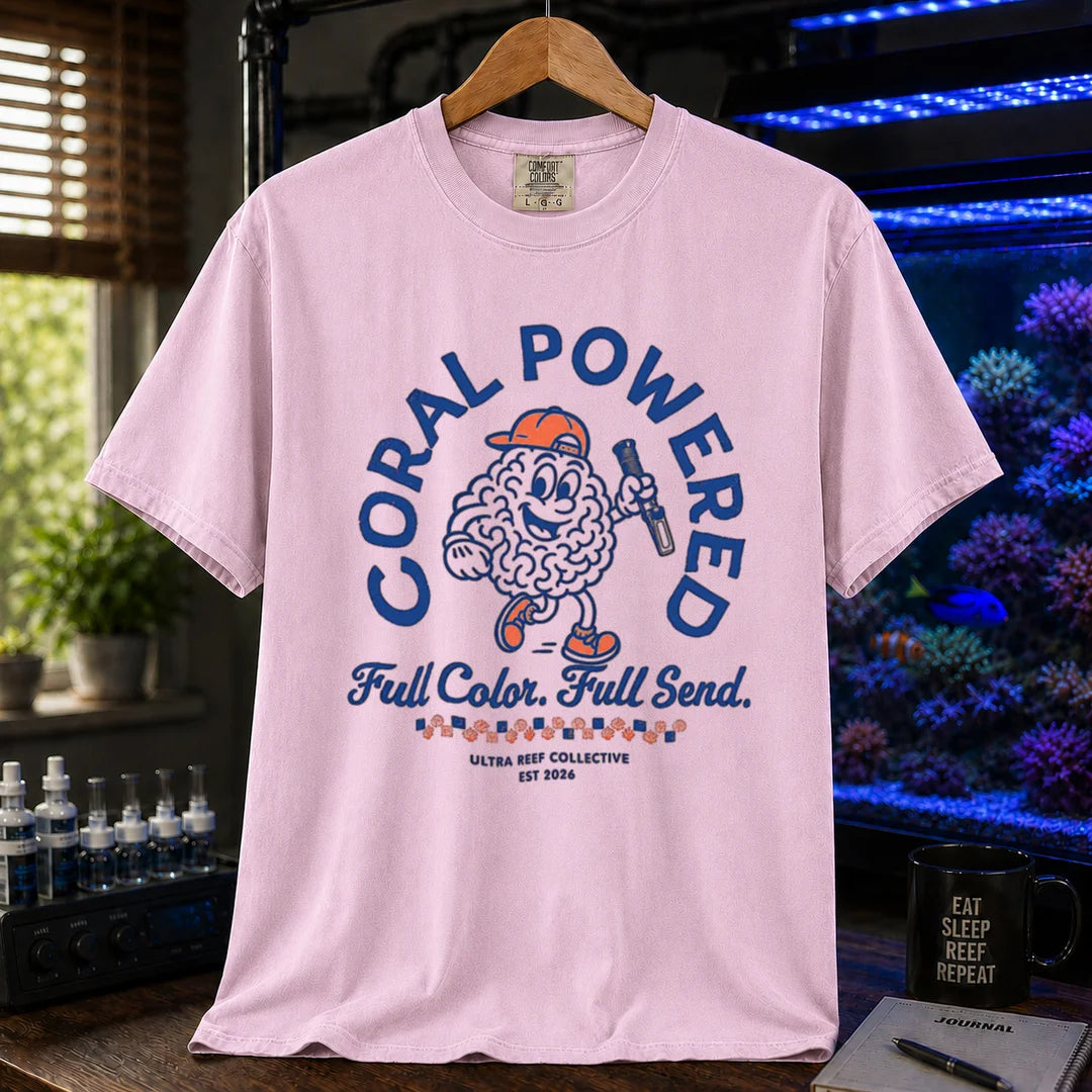 Saltwater aquarium graphic t-shirt featuring a retro cartoon brain coral mascot holding a flashlight with text: CORAL POWERED Full Color. Full Send., pink crew neck tee