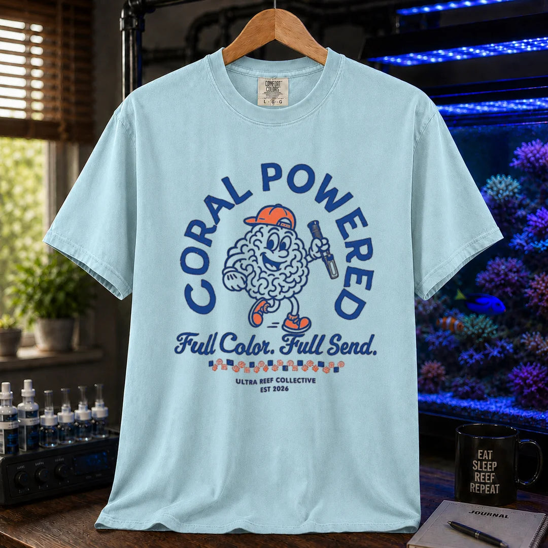 Saltwater aquarium graphic t-shirt featuring a retro cartoon brain coral mascot holding a flashlight with text: CORAL POWERED Full Color. Full Send., light blue crew neck tee