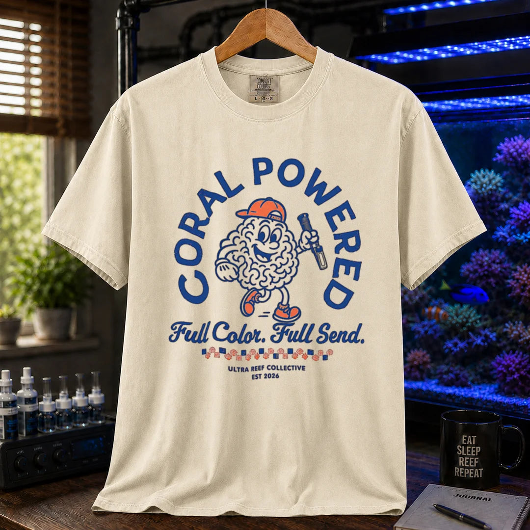Saltwater aquarium graphic t-shirt featuring a retro cartoon brain coral mascot holding a flashlight with text: CORAL POWERED Full Color. Full Send., cream, beige, ivory crew neck tee