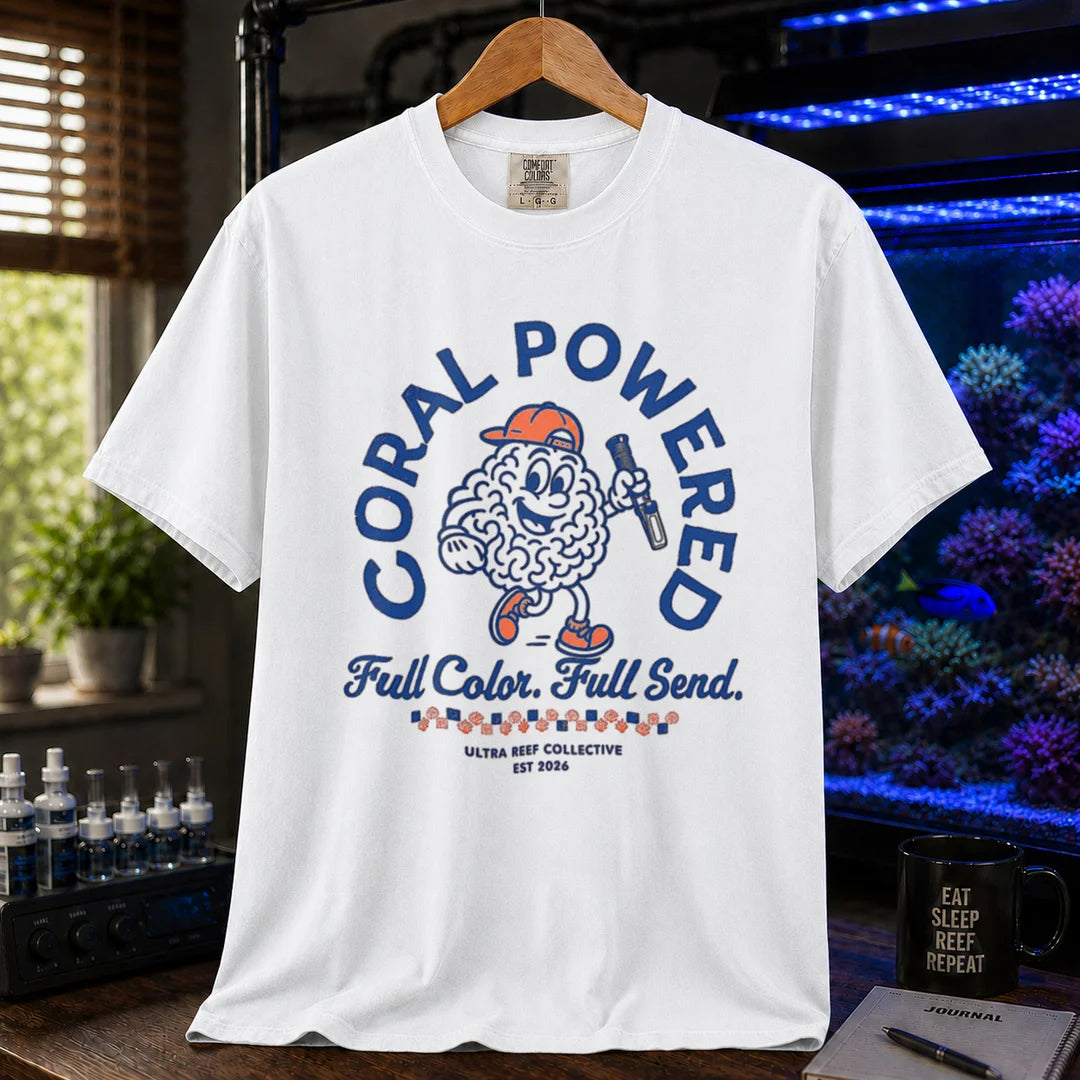 Saltwater aquarium graphic t-shirt featuring a retro cartoon brain coral mascot holding a flashlight with text: CORAL POWERED Full Color. Full Send., white crew neck tee