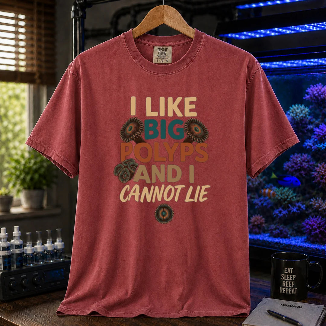 Saltwater aquarium graphic t-shirt featuring zoanthid polyp illustrations and text: I LIKE BIG POLYPS AND I CANNOT LIE, maroon, red crew neck tee
