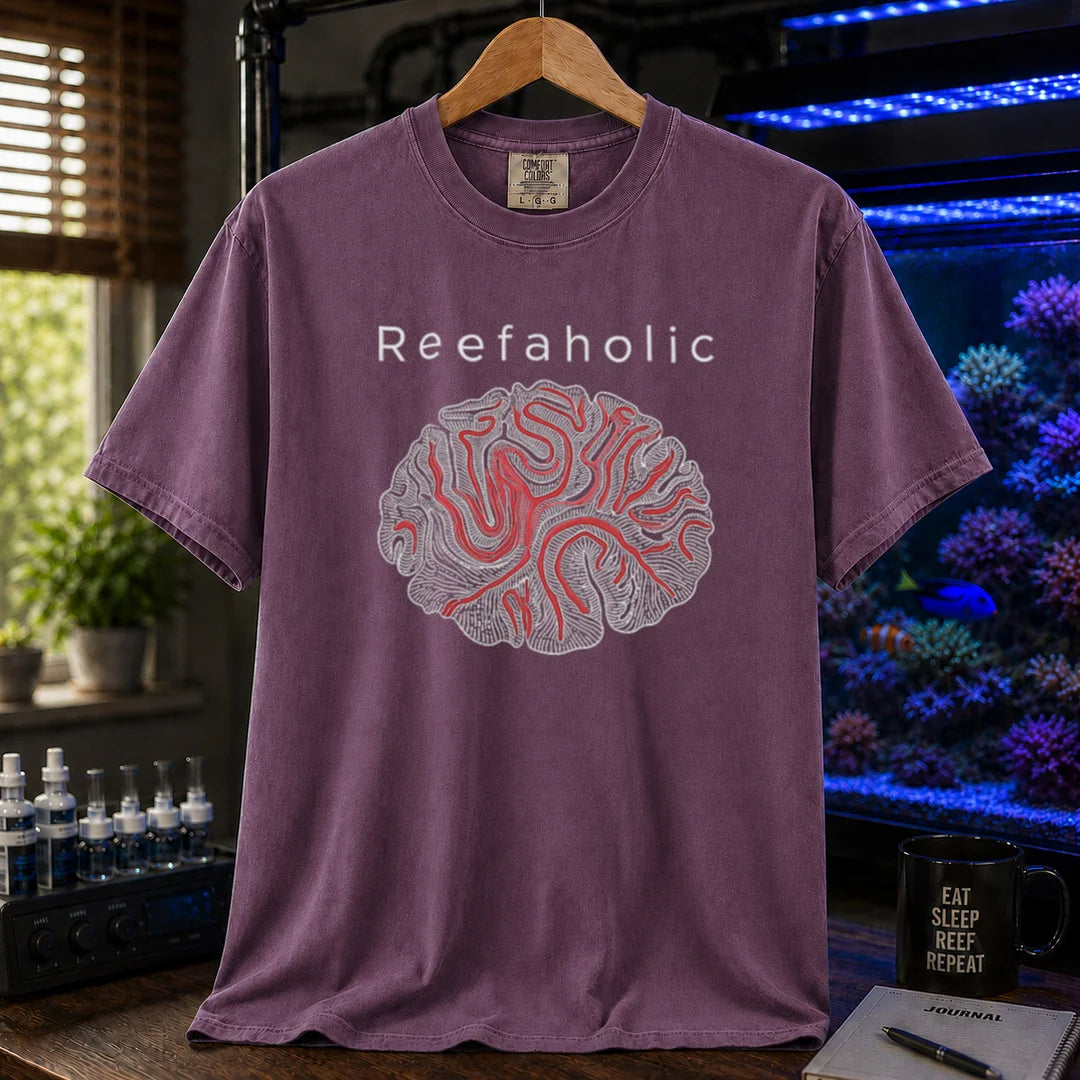 Saltwater aquarium graphic t-shirt featuring a brain coral illustration and text reading Reefaholic, purple crew neck tee