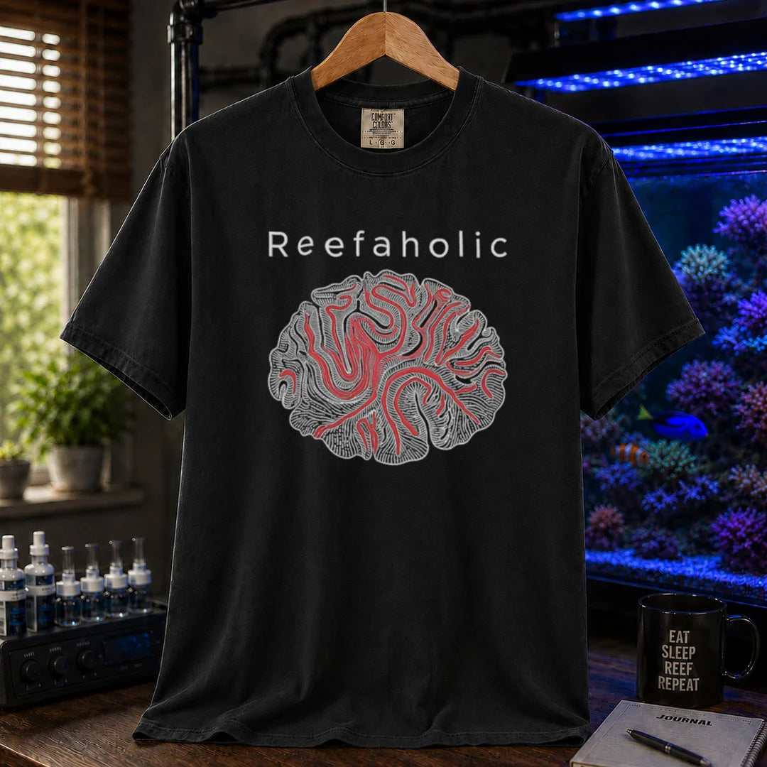 Saltwater aquarium graphic t-shirt featuring a brain coral illustration and text reading Reefaholic, black crew neck tee