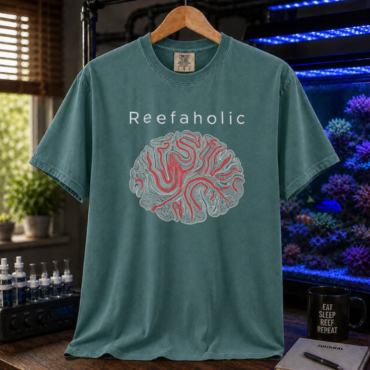 Saltwater aquarium graphic t-shirt featuring a brain coral illustration and text reading Reefaholic, green crew neck tee