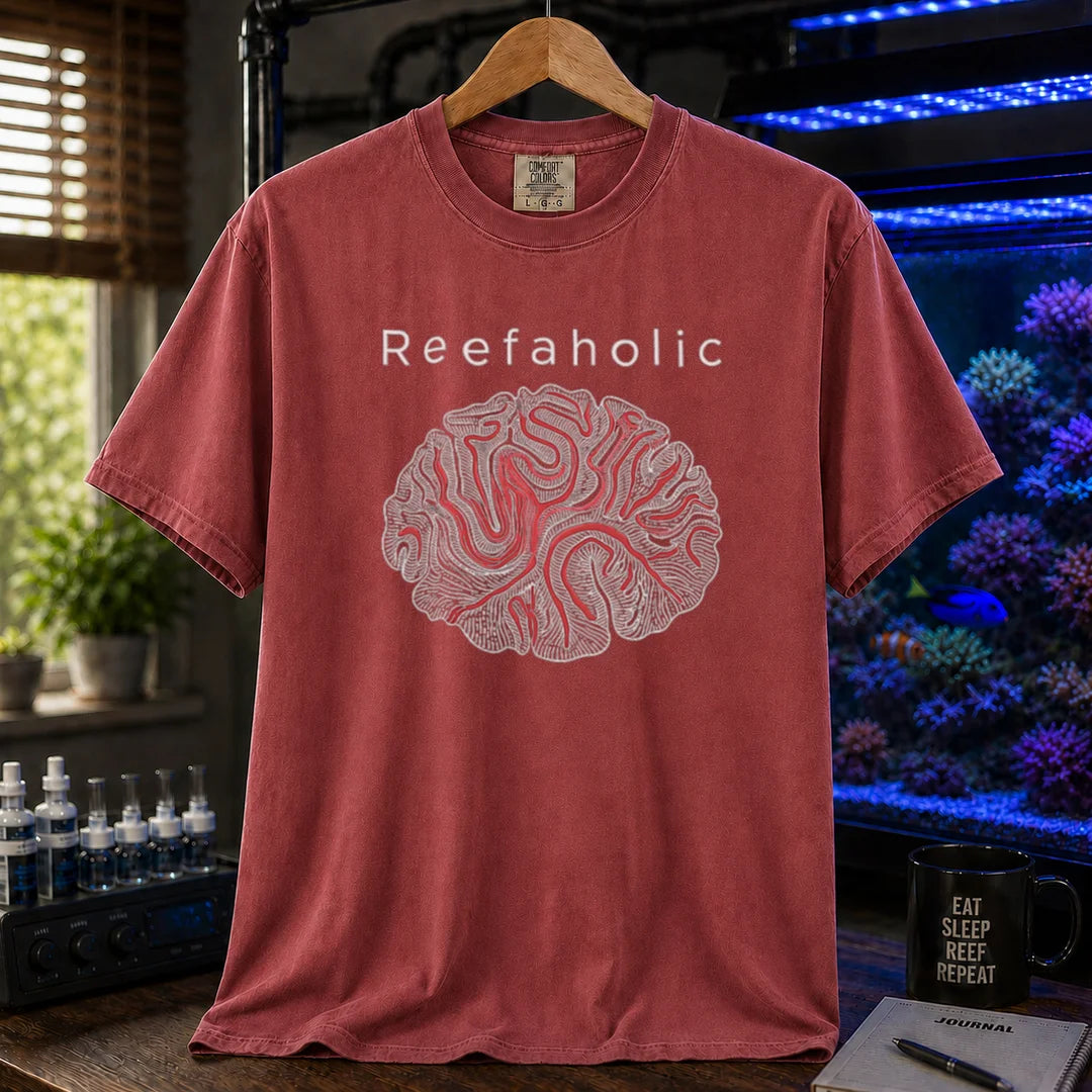 Saltwater aquarium graphic t-shirt featuring a brain coral illustration and text reading Reefaholic, maroon, red crew neck tee