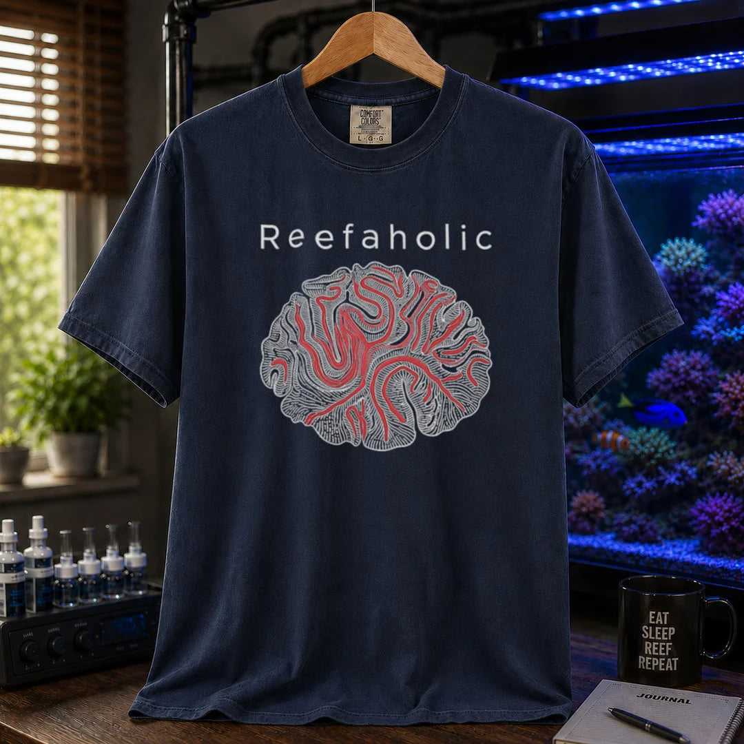 Saltwater aquarium graphic t-shirt featuring a brain coral illustration and text reading Reefaholic, navy crew neck tee