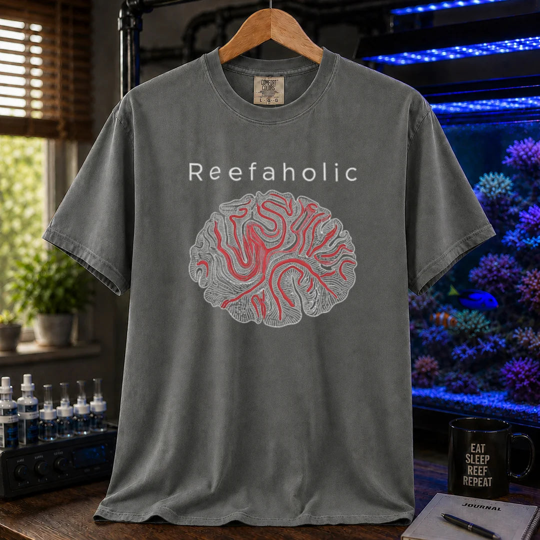 Saltwater aquarium graphic t-shirt featuring a brain coral illustration and text reading Reefaholic, dark grey crew neck tee